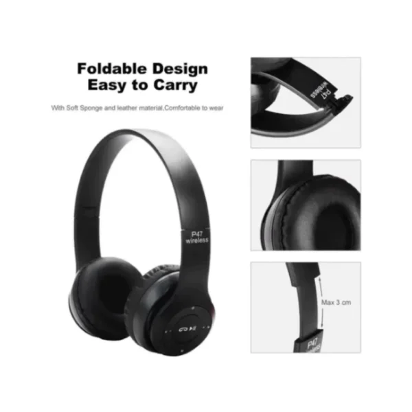 my-11134207-7r98v-lz22oag82xy8f2.webp P47 Wireless Bluetooth Headphones Over Ear Bass Volume control support SD LED Built in Microphone FM Radio Earphone