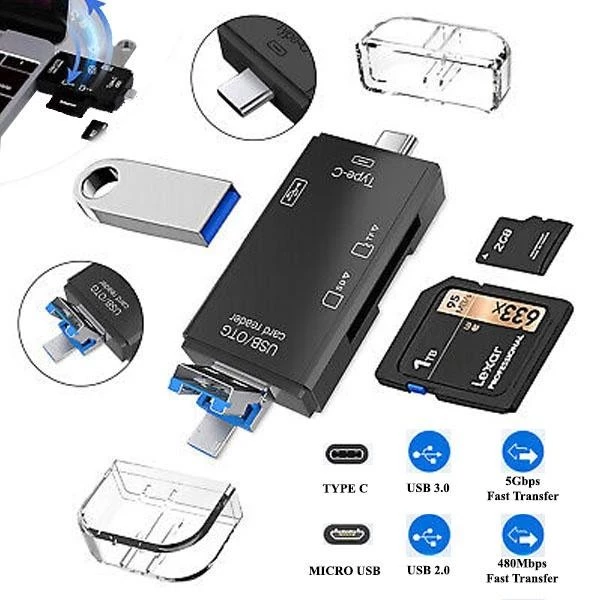 6 In 1 Card Reader USB2 USB C Card Reader TF Micro SD Smart Memory Card Reader Type C OTG Flash Drive