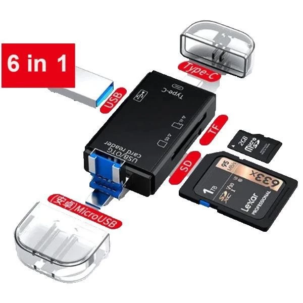 6 In 1 Card Reader USB2 USB C Card Reader TF Micro SD Smart Memory Card Reader Type C OTG Flash Drive
