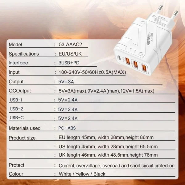 sg-11134201-7rd6r-m7vxu59b7qgw43.webp Quick Charger 3 Power Adapter 4 Ports 12W Fast Mobile Phone Charger Type C USB Charger