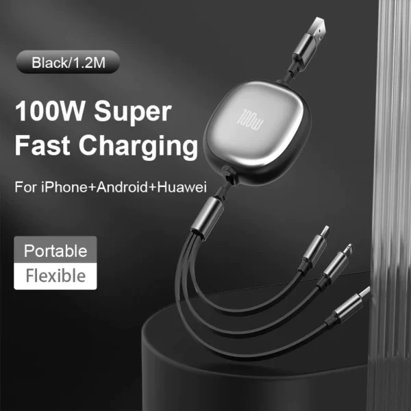 C100W Retractable 3 in 1 Super Fast Charging 100W Type C Micro USB Cable Chargers Cabel
