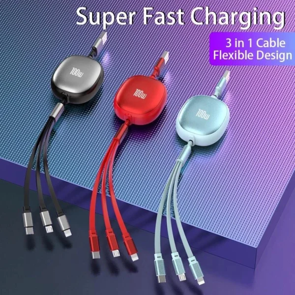 C100W Retractable 3 in 1 Super Fast Charging 100W Type C Micro USB Cable Chargers Cabel