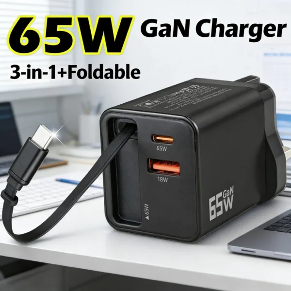 Retractable Cable USB A Port   Supert Charging GaN 65W Charger 3 in 1 Type C